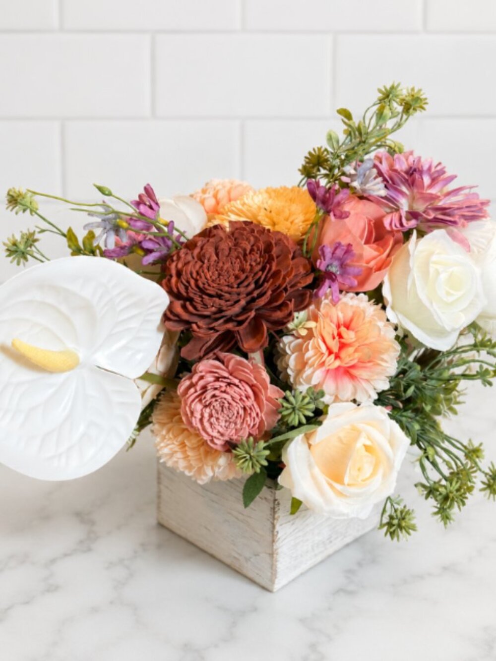 Rustic Burgundy Sola Wood Floral Arrangement in wooden box farmhouse home decor